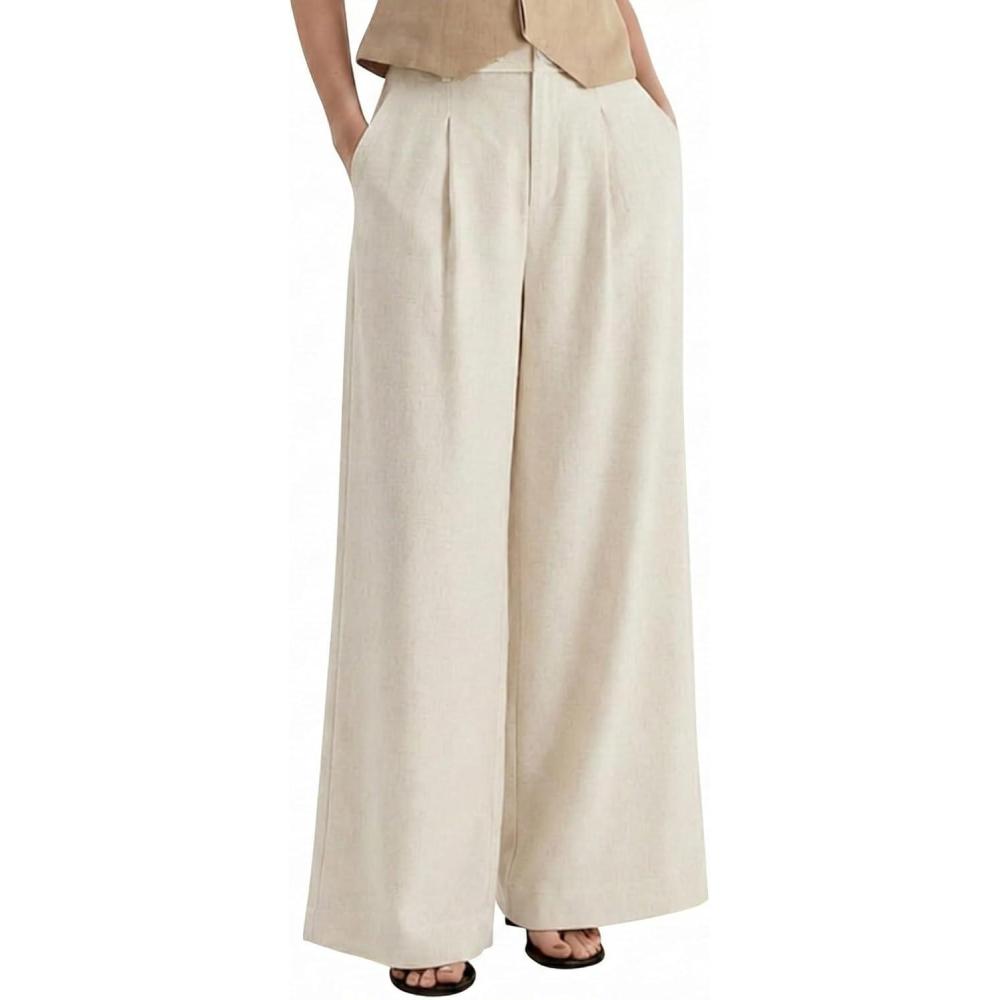 image:imageArachampCloz Womens Linen Blend Wide Leg AllSeason Business Casual Outfits Dress PantsApricot
