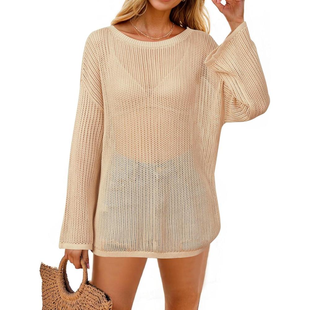 image:imageArachampCloz Womens Linen Summer Fall Lightweight Crochet Tops Beach Cover Up 2025Apricot