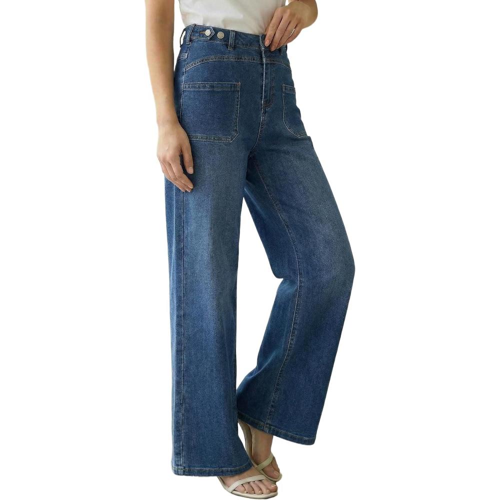 image:imageArachampCloz Womens Lyocell Cotton Denim Adjustable Waist Stretchy Spring Wide Leg JeansBlue