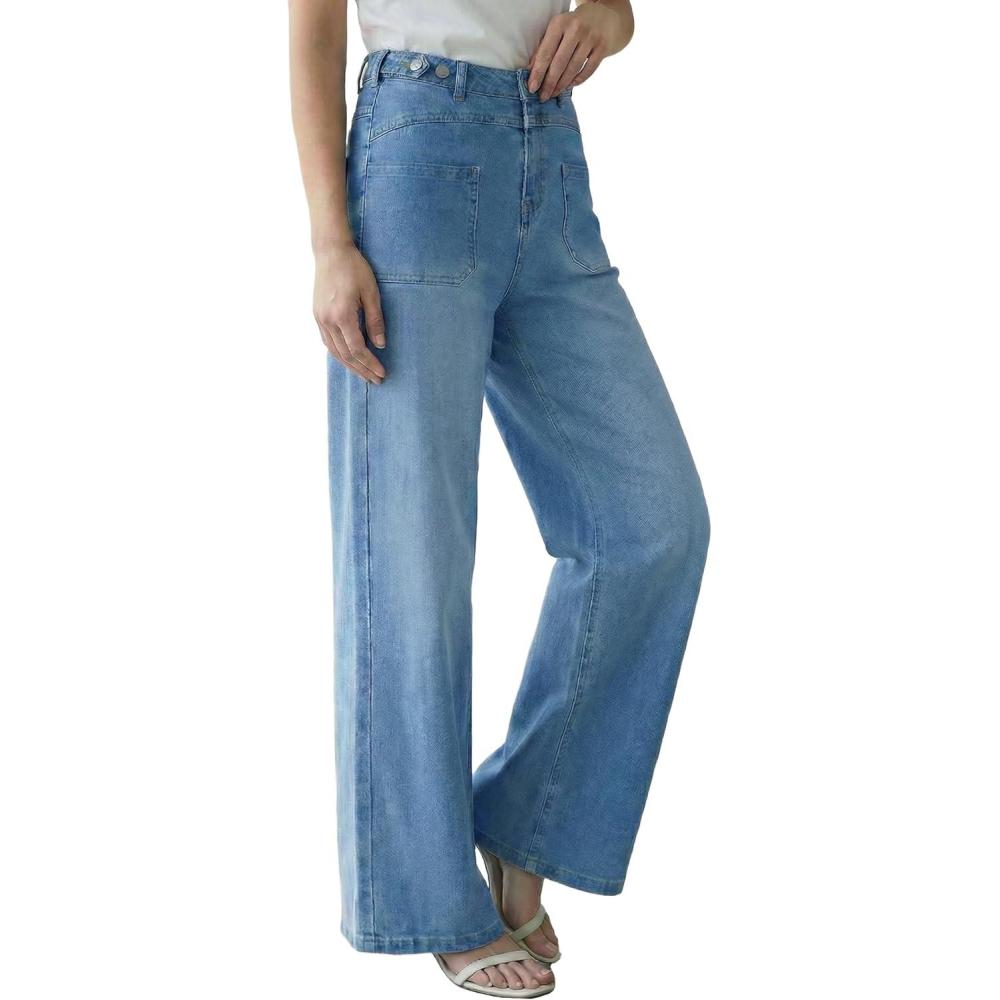 image:imageArachampCloz Womens Lyocell Cotton Denim Adjustable Waist Stretchy Spring Wide Leg JeansLight Blue