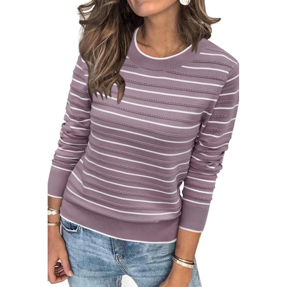 image:imageArachampCloz Womens Soft Knit Sweater Fall Dressy Casual Pullover TopsStriped Purple White