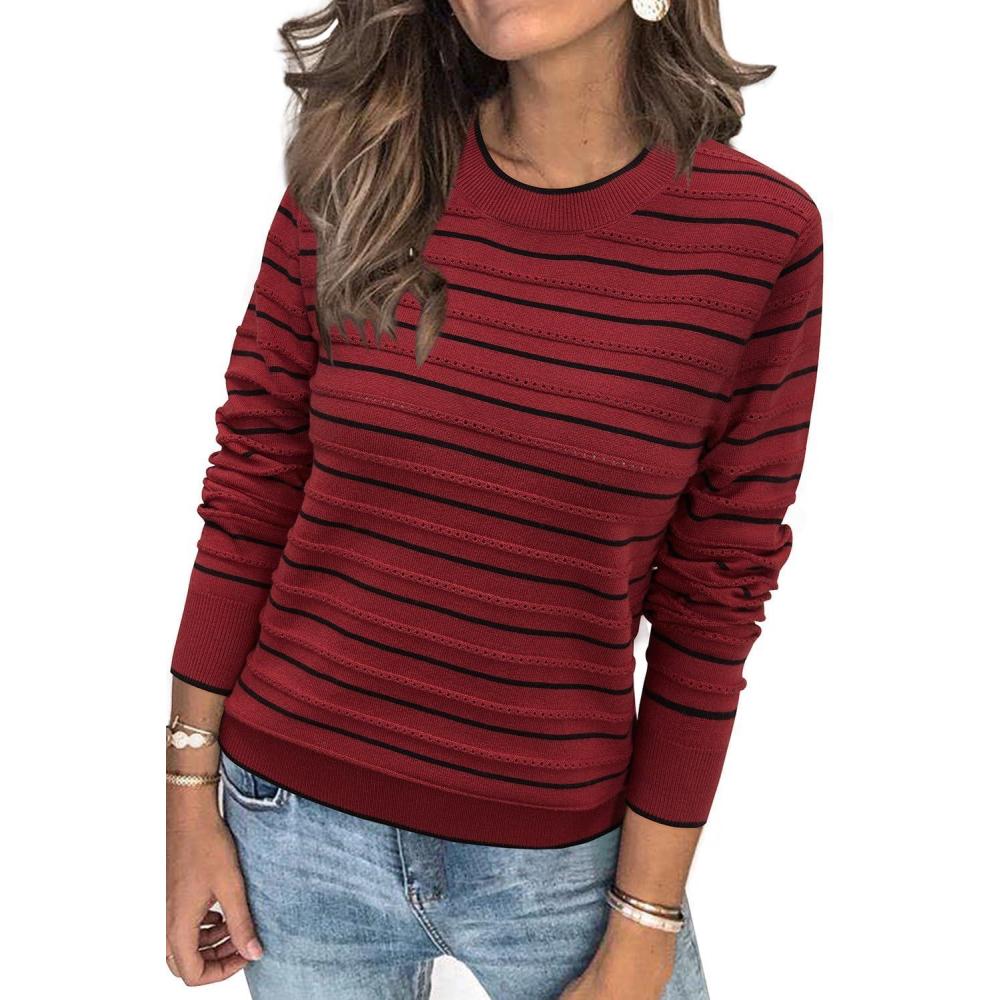 image:imageArachampCloz Womens Soft Knit Sweater Fall Dressy Casual Pullover TopsStriped Wine Black