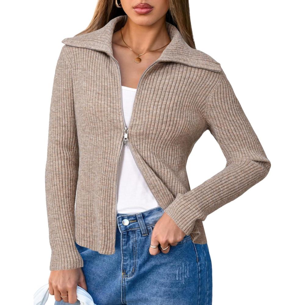 image:imageArachampCloz Womens Wool Blend Fashion Zip Up Cardigan Sweater OutfitCoffee