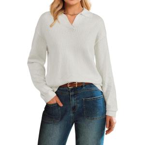 Arach&Cloz Women’s 100% Cotton Collared V Neck Eyelet Knit Spring Cotton Polo Shirts 2026(Beige)
