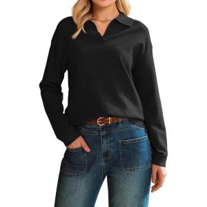 Arach&Cloz Women’s 100% Cotton Collared V Neck Eyelet Knit Spring Cotton Polo Shirts 2026(Black)