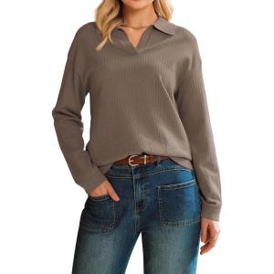 Arach&Cloz Women’s 100% Cotton Collared V Neck Eyelet Knit Spring Cotton Polo Shirts 2026(Coffee)