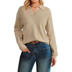 Arach&Cloz Women’s 100% Cotton Collared V Neck Eyelet Knit Spring Cotton Polo Shirts 2026(Light Khaki)