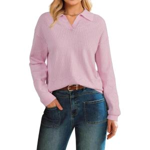 Arach&Cloz Women’s 100% Cotton Collared V Neck Eyelet Knit Spring Cotton Polo Shirts 2026(Light Pink)
