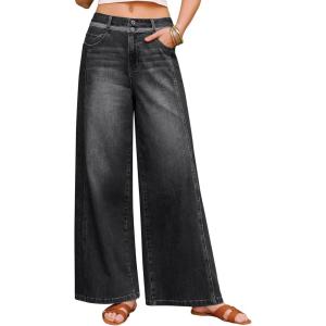 Arach&Cloz Women’s Cotton Contrast Waistband Wide Leg Stretchy Denim Jeans 2026(Black)