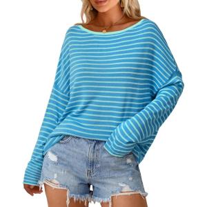 Arach&Cloz Women’s Linen Blend Beach Vacation Cover Up Summer Casual Oversized Off Shoulder Tops 2026(Blue Light Green Stripe)