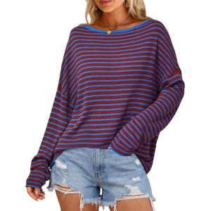 Arach&Cloz Women’s Linen Blend Beach Vacation Cover Up Summer Casual Oversized Off Shoulder Tops 2026(Blue Stripe)
