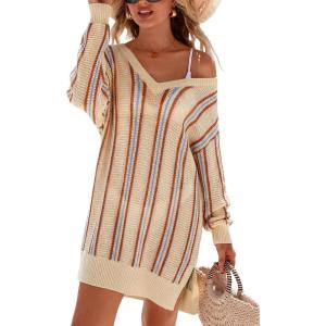 Arach&Cloz Women’s Linen Blend Summer Swim Suit Cover Up V Neck Crochet Dress Striped Beach Vacation Outfits 2026(Apricot Stripe)