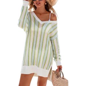 Arach&Cloz Women’s Linen Blend Summer Swim Suit Cover Up V Neck Crochet Dress Striped Beach Vacation Outfits 2026(Green Stripe)