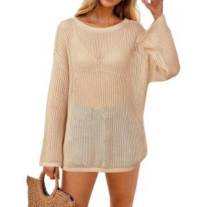 Arach&Cloz Women’s Linen Summer Fall Lightweight Crochet Tops Beach Cover Up 2025(Apricot)