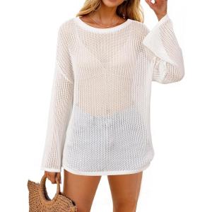 Arach&Cloz Women’s Linen Summer Fall Lightweight Crochet Tops Beach Cover Up 2025(Off-white)