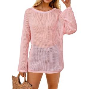 Arach&Cloz Women’s Linen Summer Fall Lightweight Crochet Tops Beach Cover Up 2025(Pink)