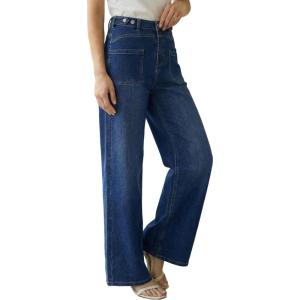 Arach&Cloz Womens Lyocell Cotton Denim Adjustable Waist Stretchy Spring Wide Leg Jeans(Dark Blue)