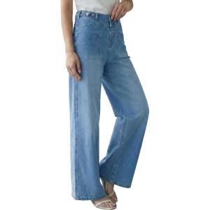 Arach&Cloz Womens Lyocell Cotton Denim Adjustable Waist Stretchy Spring Wide Leg Jeans(Light Blue)
