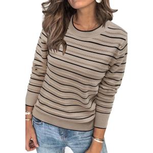 Arach&Cloz Women’s Soft Knit Sweater Fall Dressy Casual Pullover Tops(Striped Taupe Black)