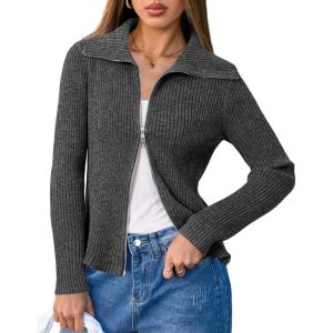 Arach&Cloz Women’s Wool Blend Fashion Zip Up Cardigan Sweater Outfit(Dark Gray)