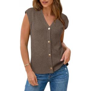 Arach&Cloz Women’s Wool Blend V Neck Button Down Summer Business Casual Sweater Vests 2026(Coffee)