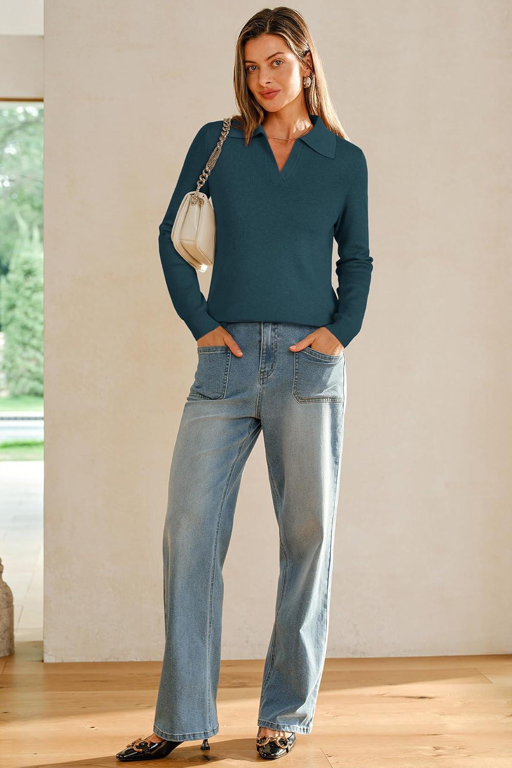 image:imageArachampCloz Womens Wool Blend Collared Polo Pullover Spring Sweaters Business Casual Outfits 2026Bluish Green
