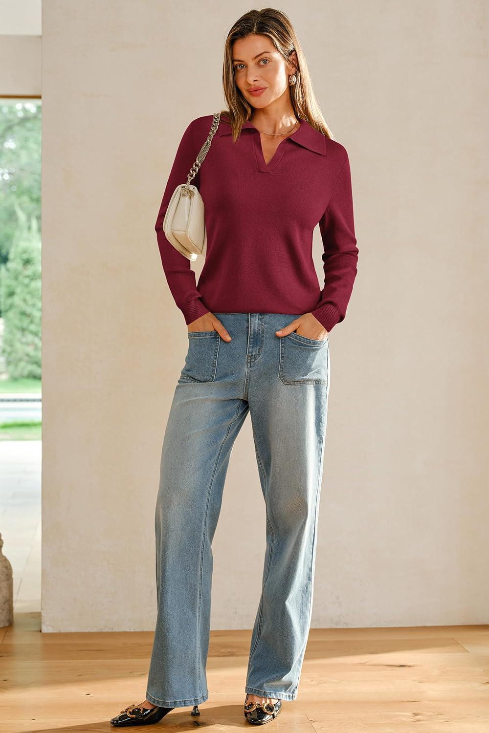 image:imageArachampCloz Womens Wool Blend Collared Polo Pullover Spring Sweaters Business Casual Outfits 2026Dark Red