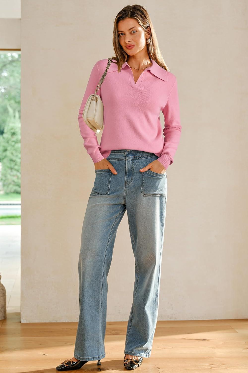 image:imageArachampCloz Womens Wool Blend Collared Polo Pullover Spring Sweaters Business Casual Outfits 2026Pink