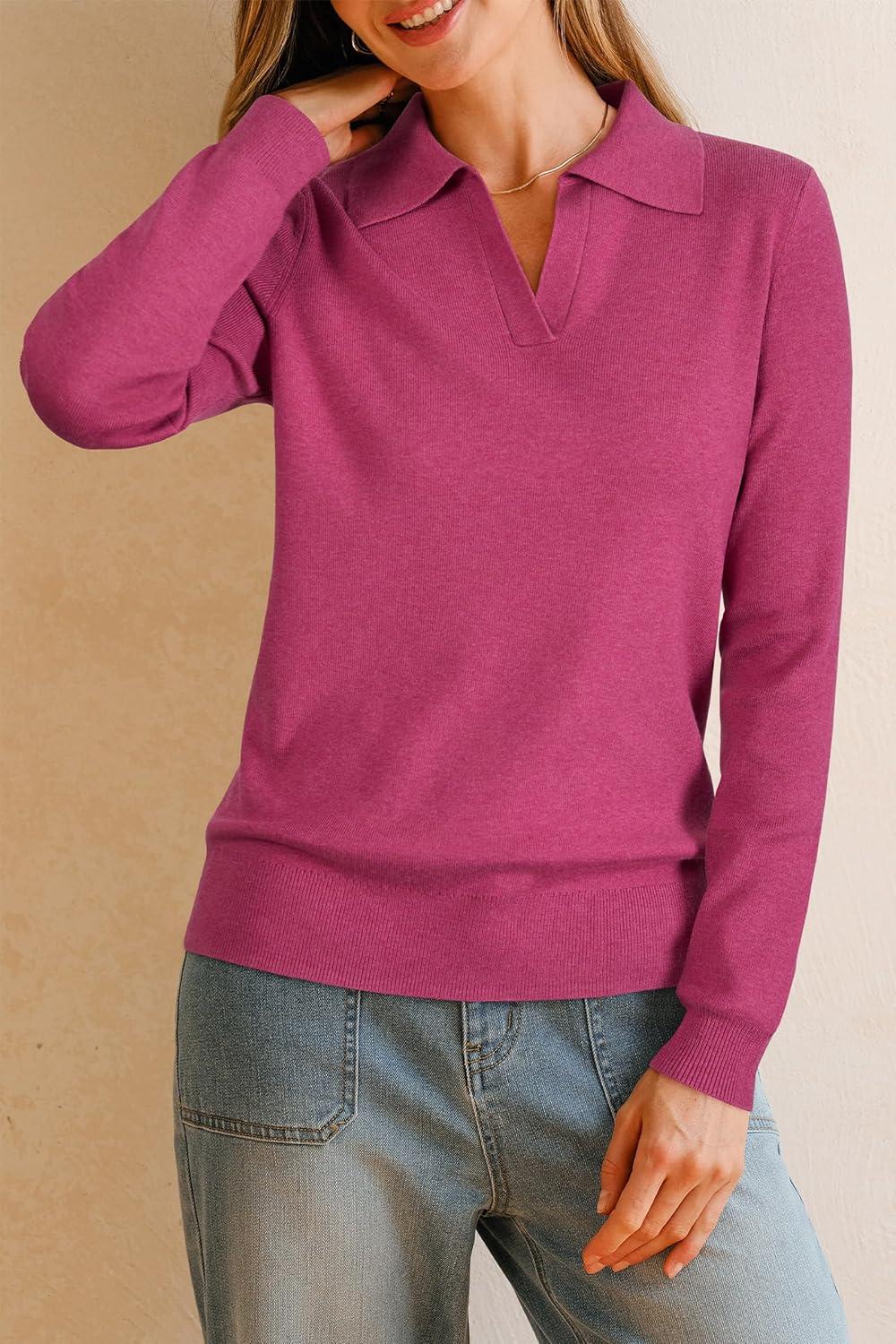 image:imageArachampCloz Womens Wool Blend Collared Polo Pullover Spring Sweaters Business Casual Outfits 2026Rose Red