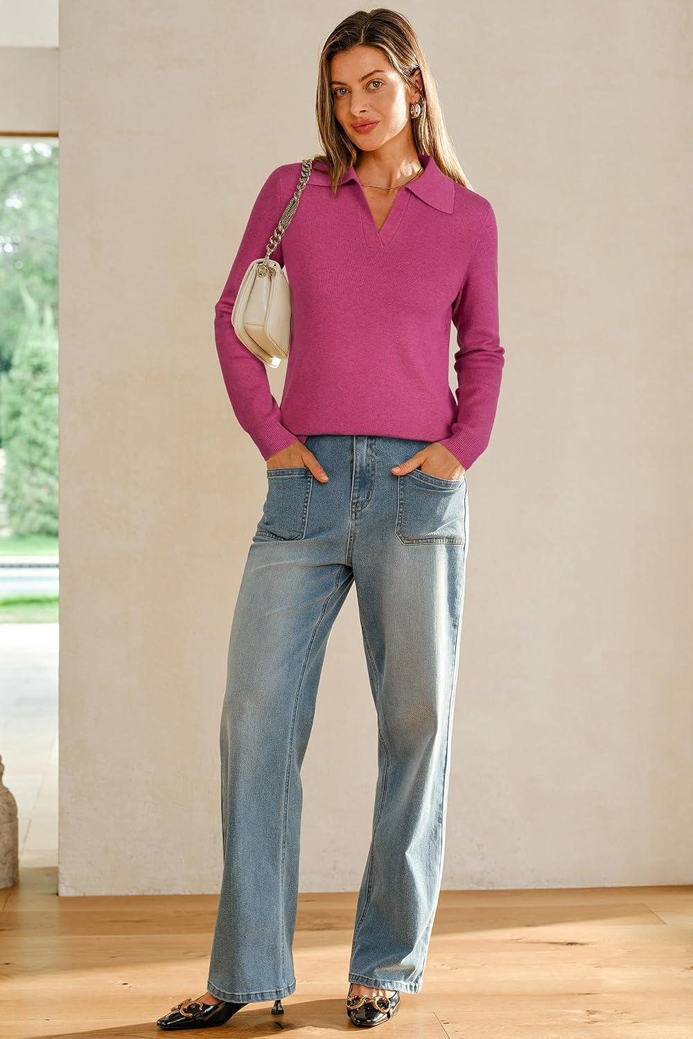 image:imageArachampCloz Womens Wool Blend Collared Polo Pullover Spring Sweaters Business Casual Outfits 2026Rose Red