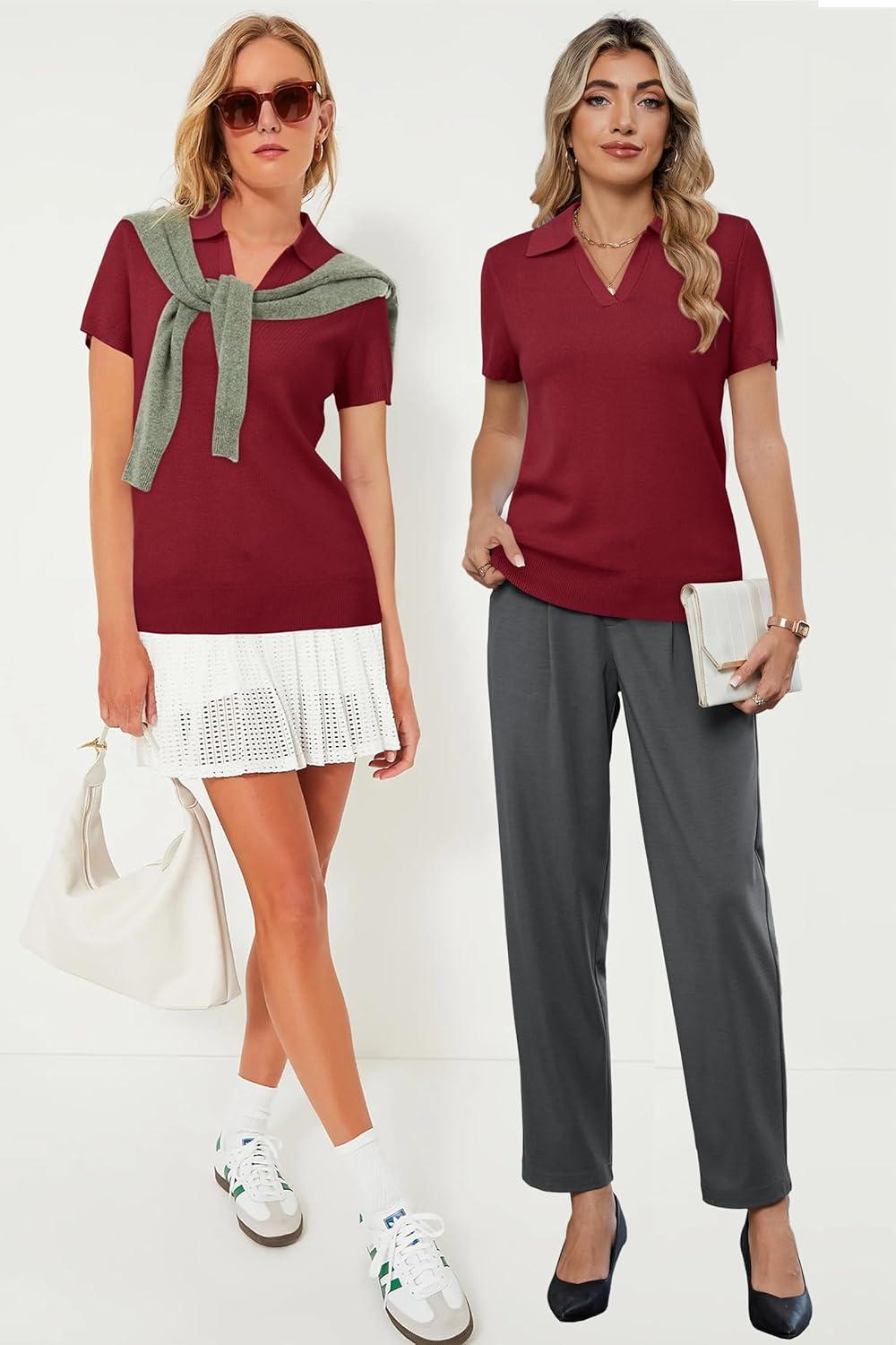 image:imageArachampCloz Womens Wool Blend Knit Spring Summer Business Casual Lightweight Short Sleeve Sweater Pullover 2026Burgundy Red