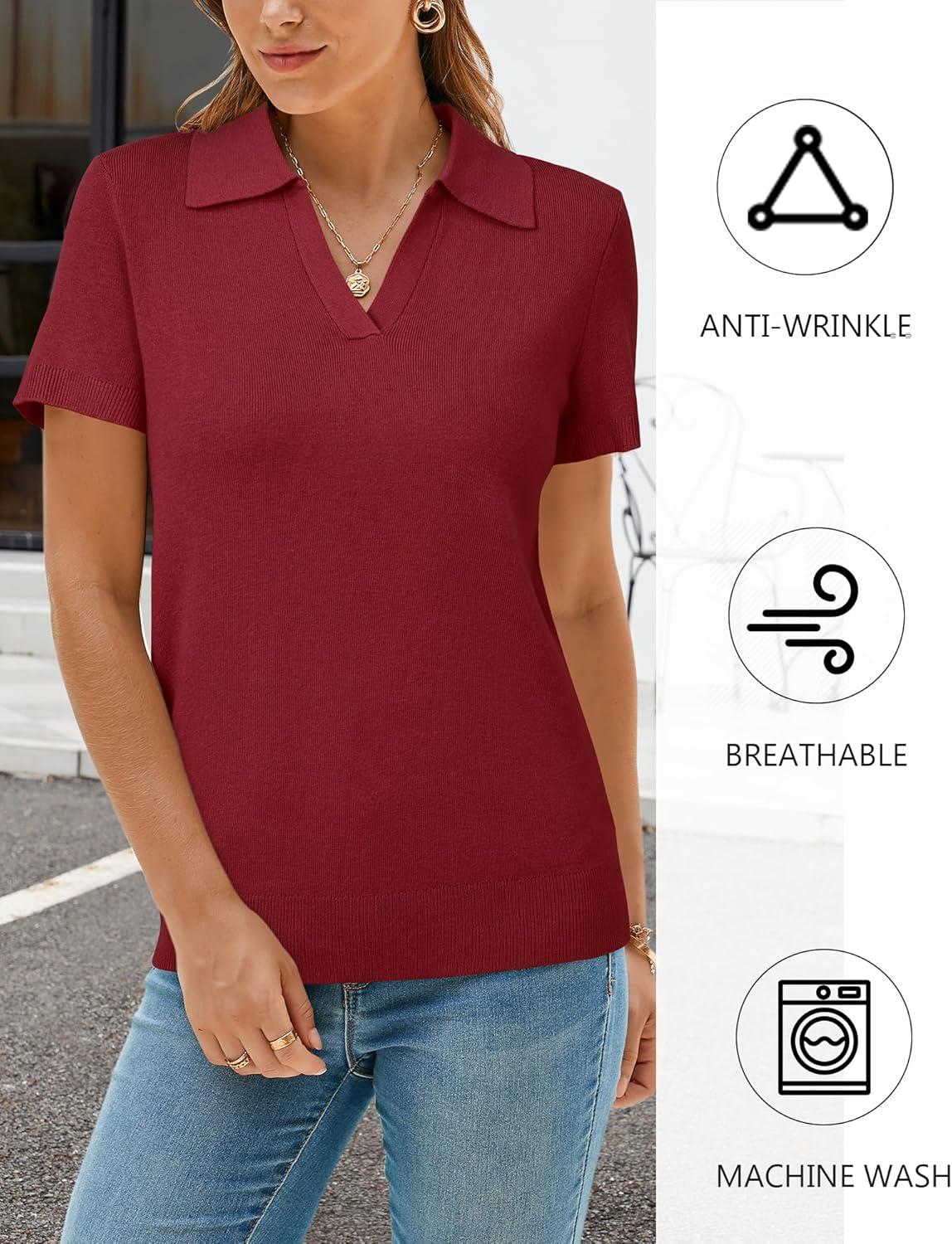 image:imageArachampCloz Womens Wool Blend Knit Spring Summer Business Casual Lightweight Short Sleeve Sweater Pullover 2026Burgundy Red