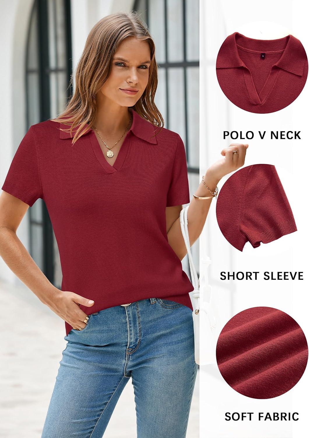 image:imageArachampCloz Womens Wool Blend Knit Spring Summer Business Casual Lightweight Short Sleeve Sweater Pullover 2026Burgundy Red