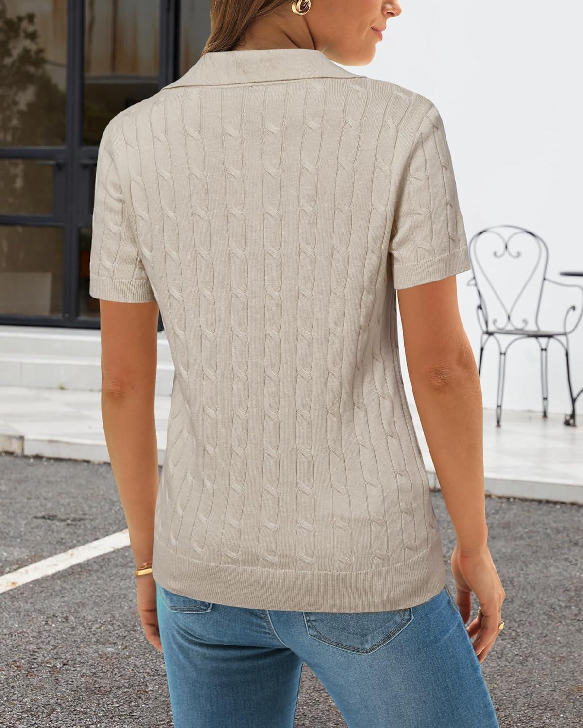 image:imageArachampCloz Womens Wool Blend Knit Spring Summer Business Casual Lightweight Short Sleeve Sweater Pullover 2026Cable Knitapricot