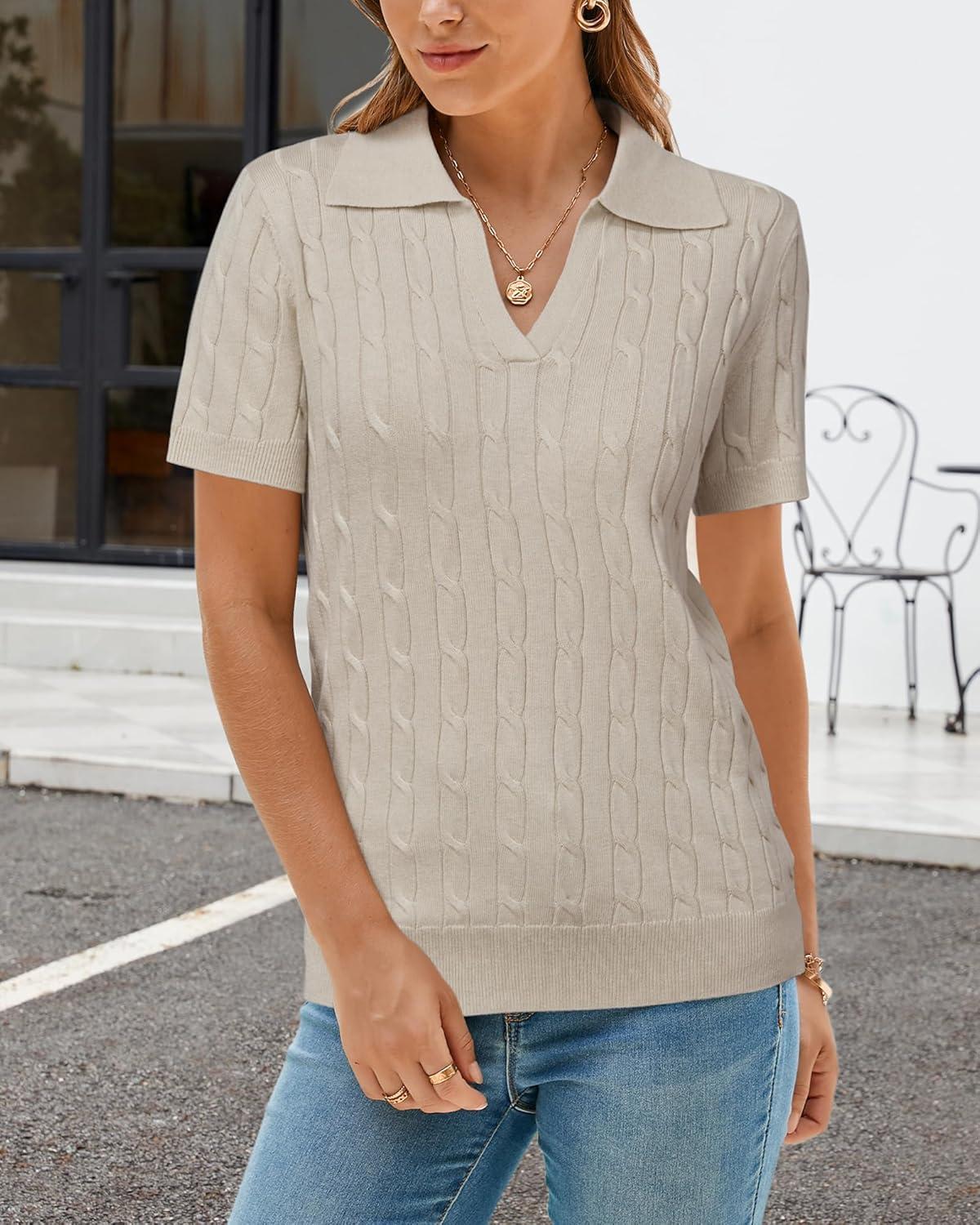 image:imageArachampCloz Womens Wool Blend Knit Spring Summer Business Casual Lightweight Short Sleeve Sweater Pullover 2026Cable Knitapricot