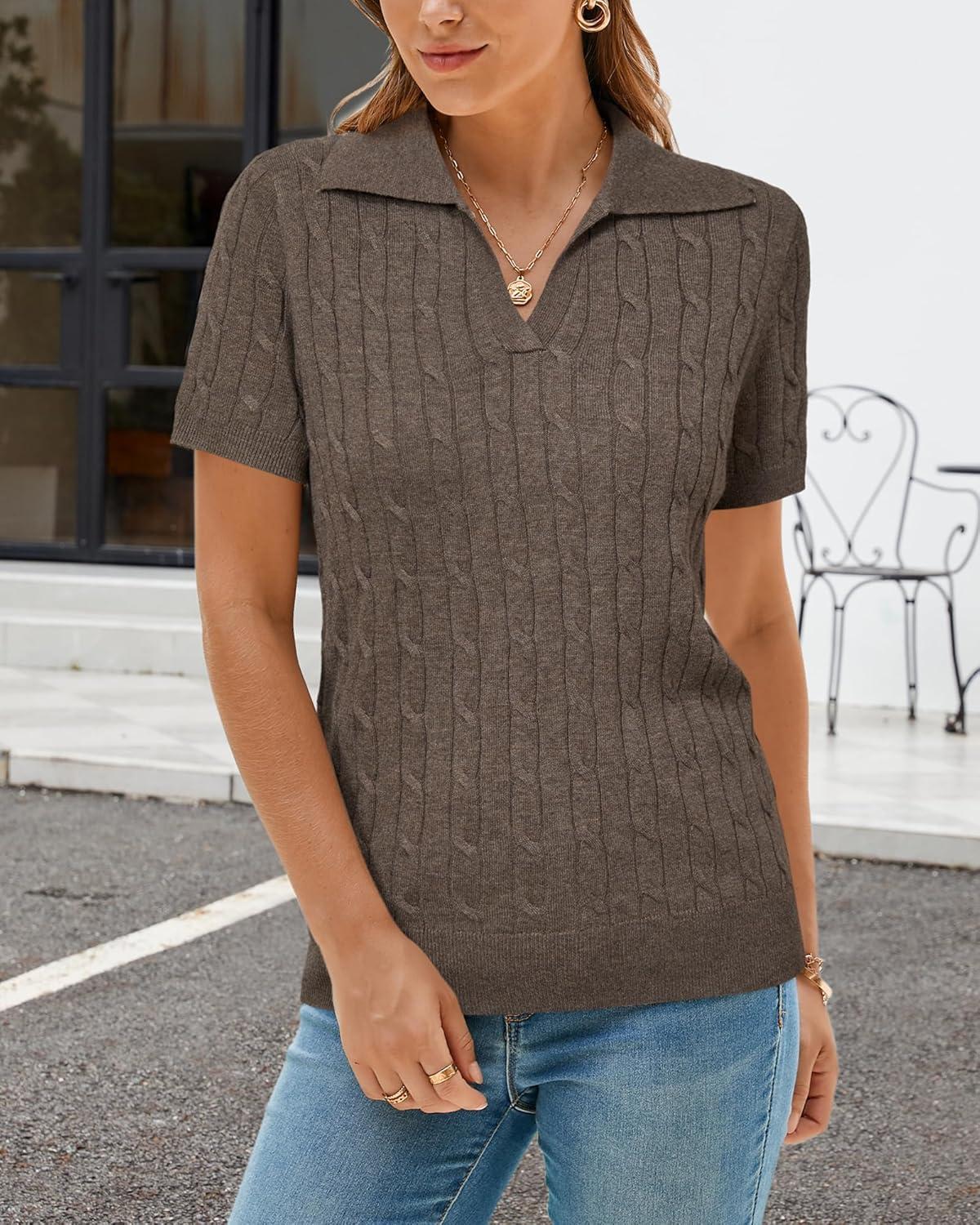 image:imageArachampCloz Womens Wool Blend Knit Spring Summer Business Casual Lightweight Short Sleeve Sweater Pullover 2026Cable Knitcoffee