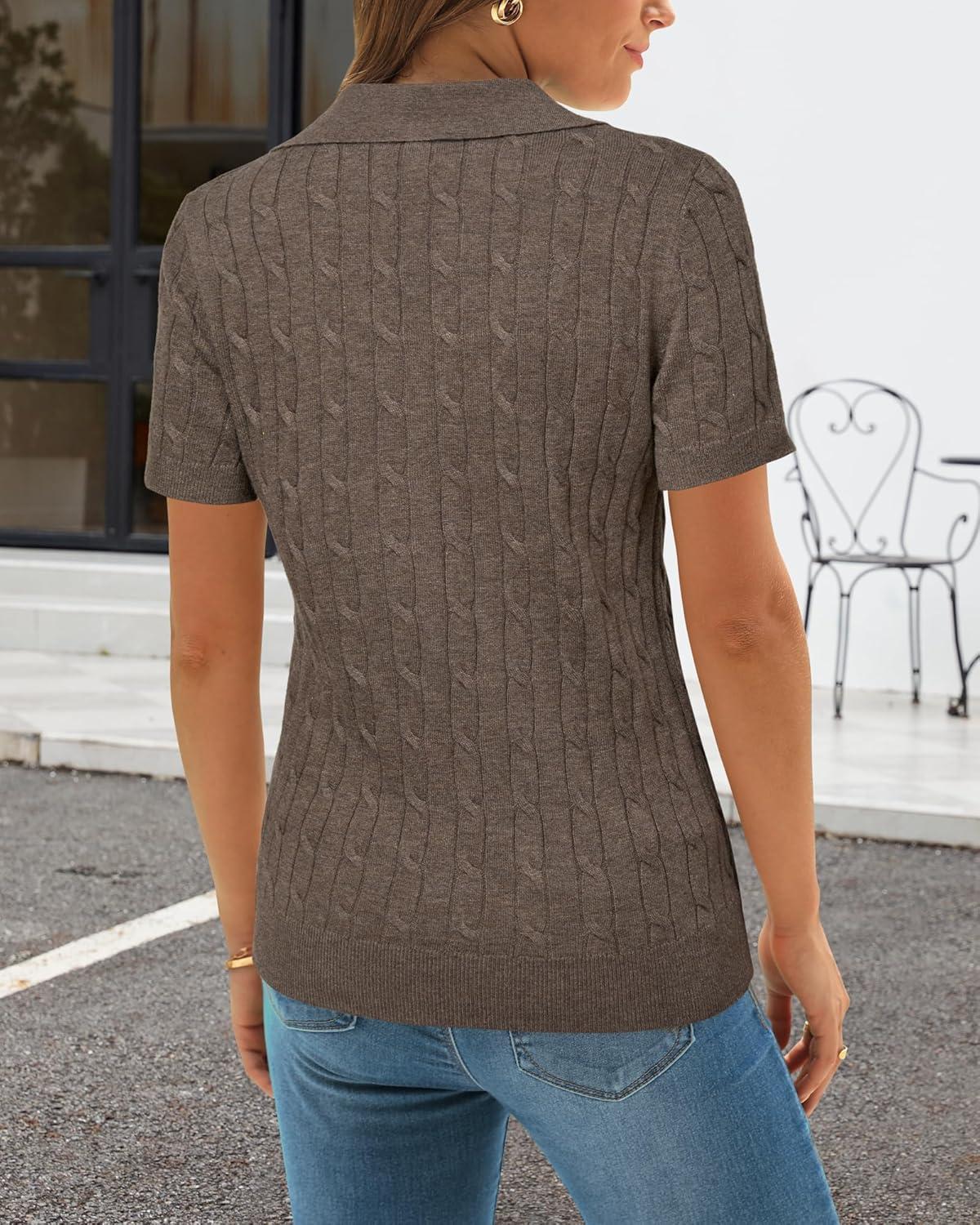 image:imageArachampCloz Womens Wool Blend Knit Spring Summer Business Casual Lightweight Short Sleeve Sweater Pullover 2026Cable Knitcoffee