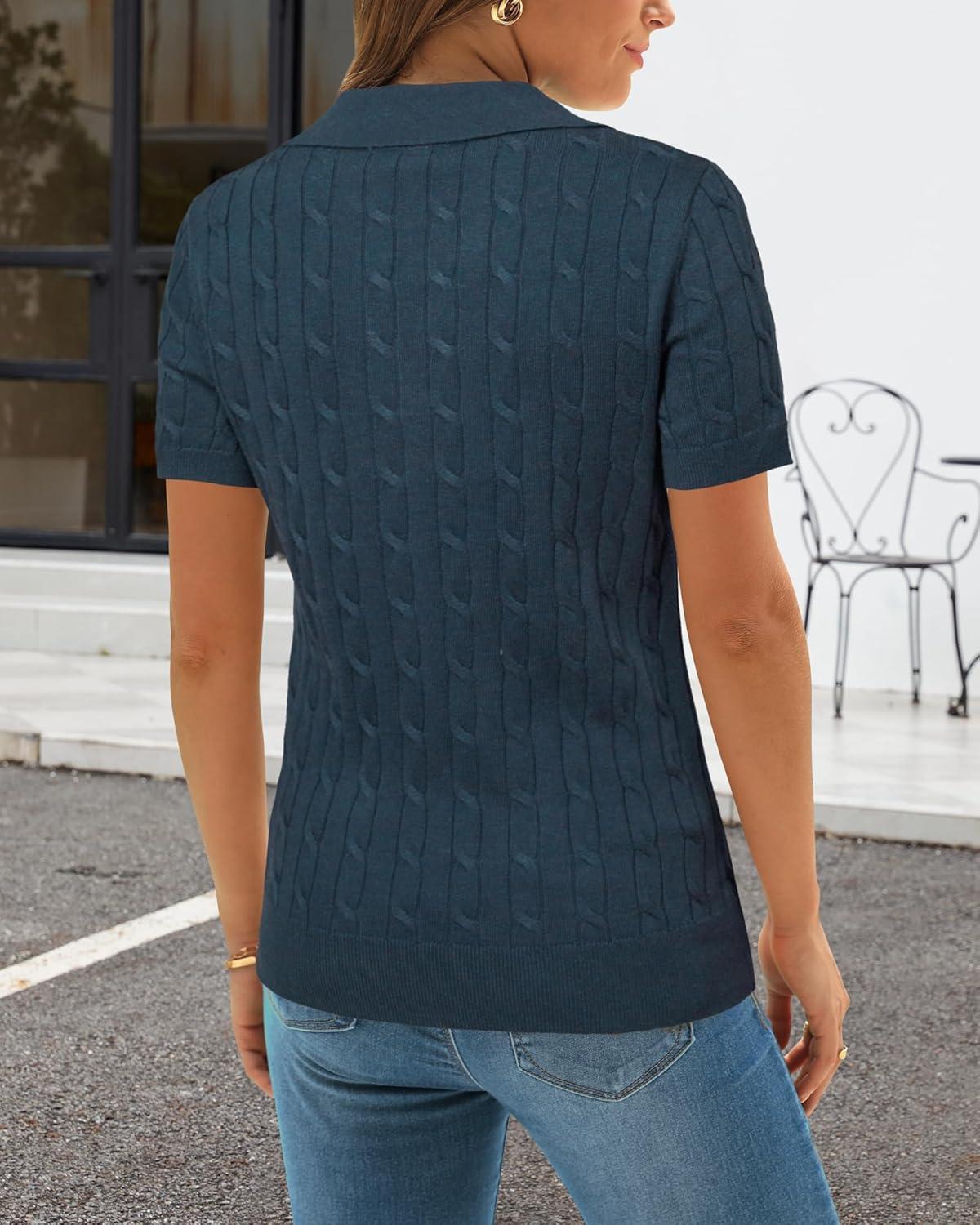 image:imageArachampCloz Womens Wool Blend Knit Spring Summer Business Casual Lightweight Short Sleeve Sweater Pullover 2026Cable Knitdark Blue