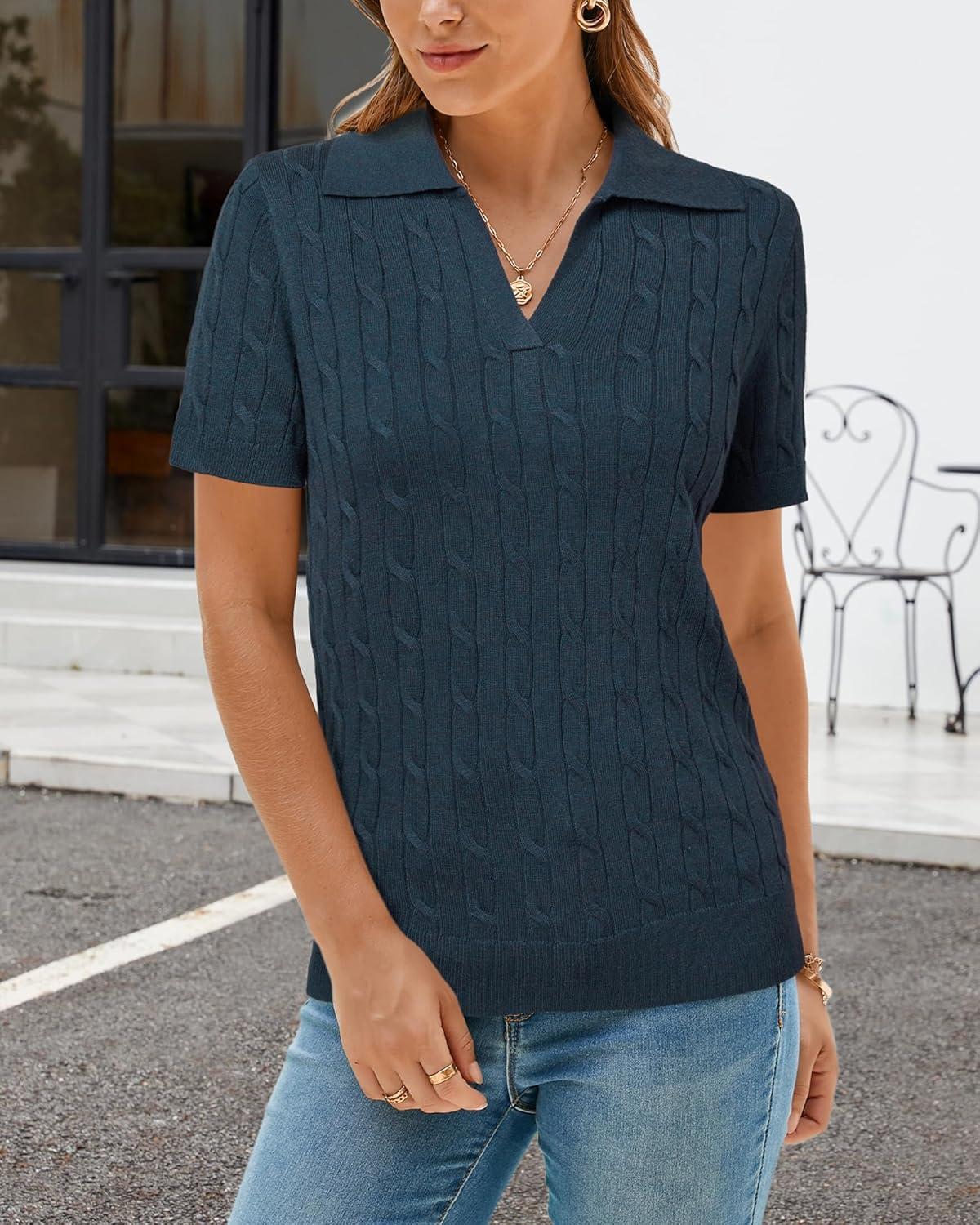 image:imageArachampCloz Womens Wool Blend Knit Spring Summer Business Casual Lightweight Short Sleeve Sweater Pullover 2026Cable Knitdark Blue