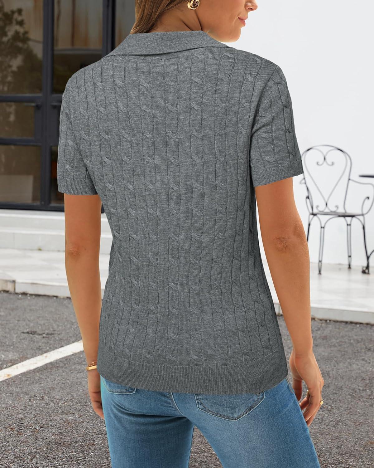 image:imageArachampCloz Womens Wool Blend Knit Spring Summer Business Casual Lightweight Short Sleeve Sweater Pullover 2026Cable Knitgrey