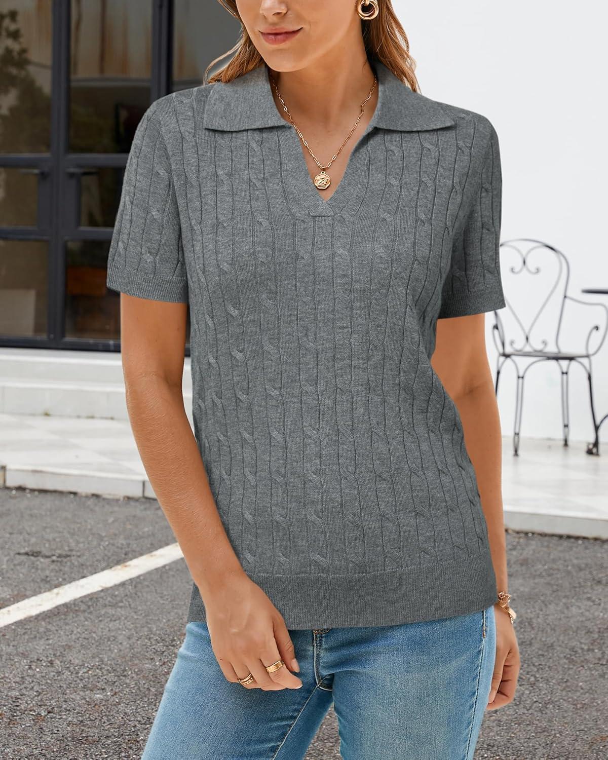 image:imageArachampCloz Womens Wool Blend Knit Spring Summer Business Casual Lightweight Short Sleeve Sweater Pullover 2026Cable Knitgrey