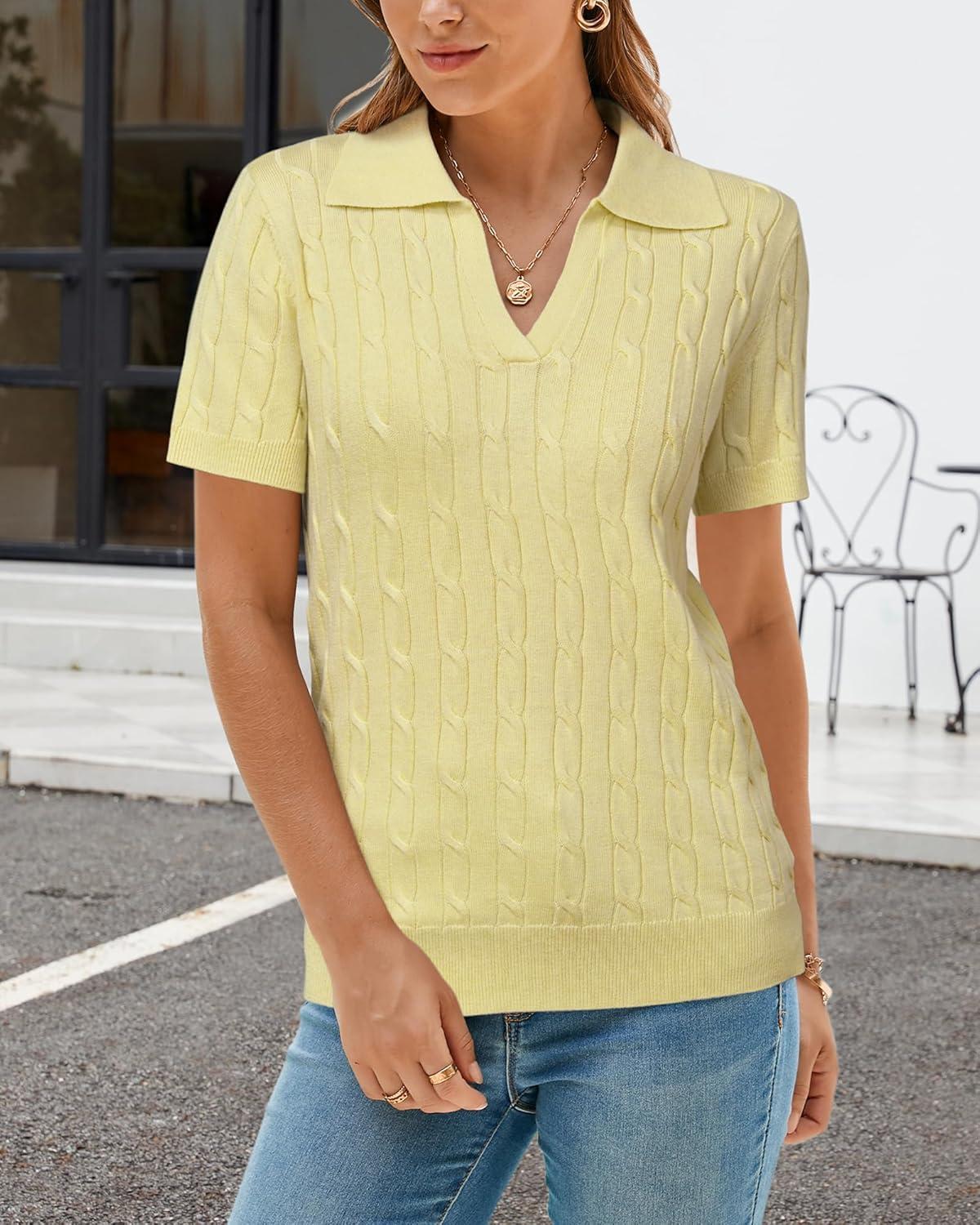 image:imageArachampCloz Womens Wool Blend Knit Spring Summer Business Casual Lightweight Short Sleeve Sweater Pullover 2026Cable Knityellow