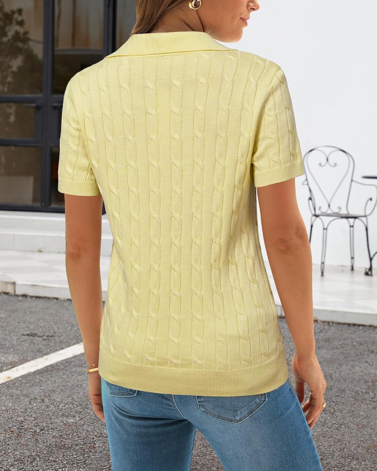 image:imageArachampCloz Womens Wool Blend Knit Spring Summer Business Casual Lightweight Short Sleeve Sweater Pullover 2026Cable Knityellow