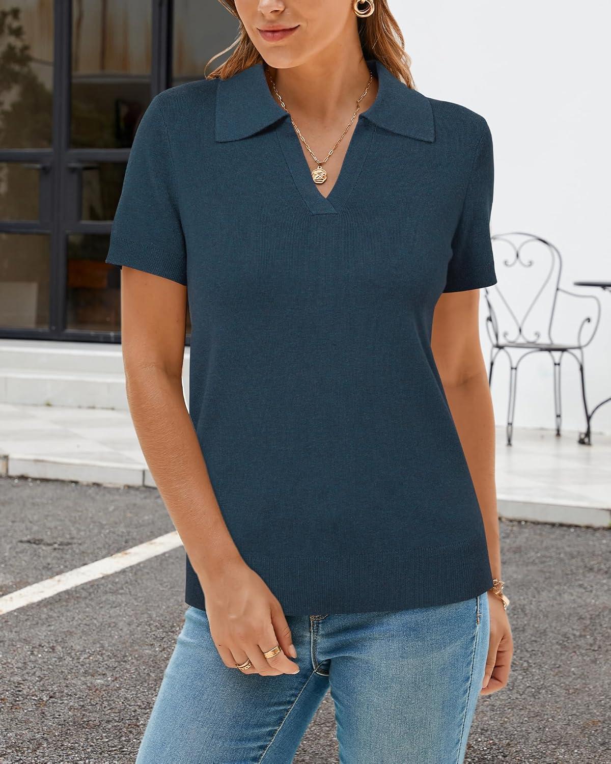 image:imageArachampCloz Womens Wool Blend Knit Spring Summer Business Casual Lightweight Short Sleeve Sweater Pullover 2026Dark Blue