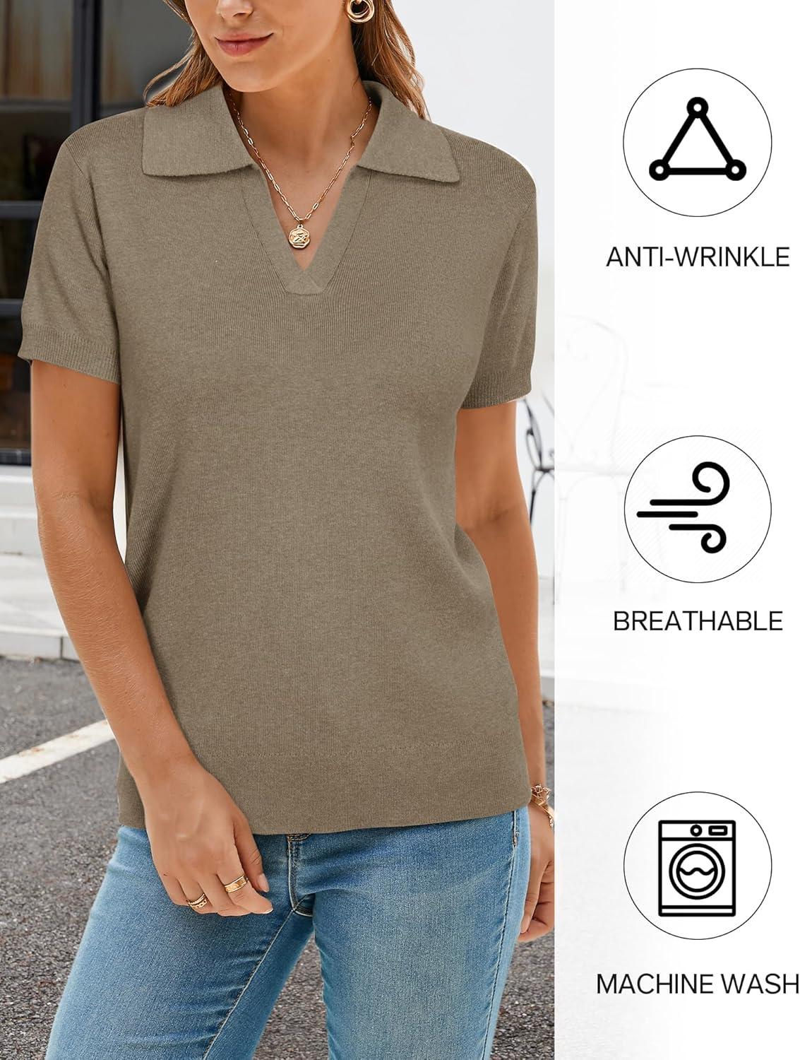 image:imageArachampCloz Womens Wool Blend Knit Spring Summer Business Casual Lightweight Short Sleeve Sweater Pullover 2026Khaki