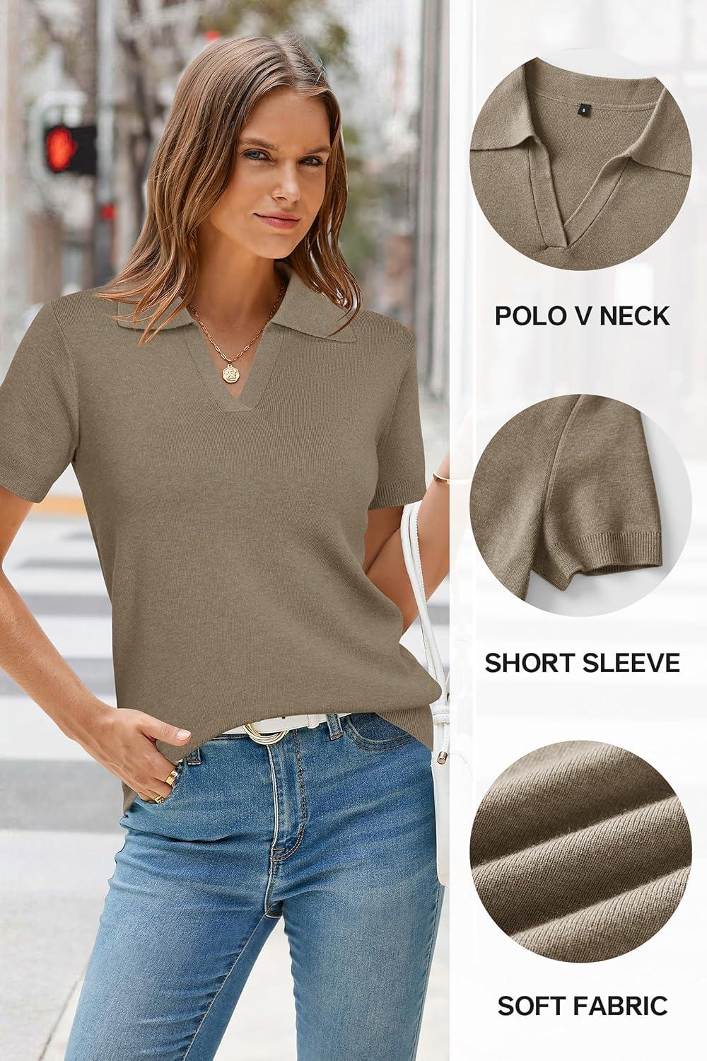 image:imageArachampCloz Womens Wool Blend Knit Spring Summer Business Casual Lightweight Short Sleeve Sweater Pullover 2026Khaki