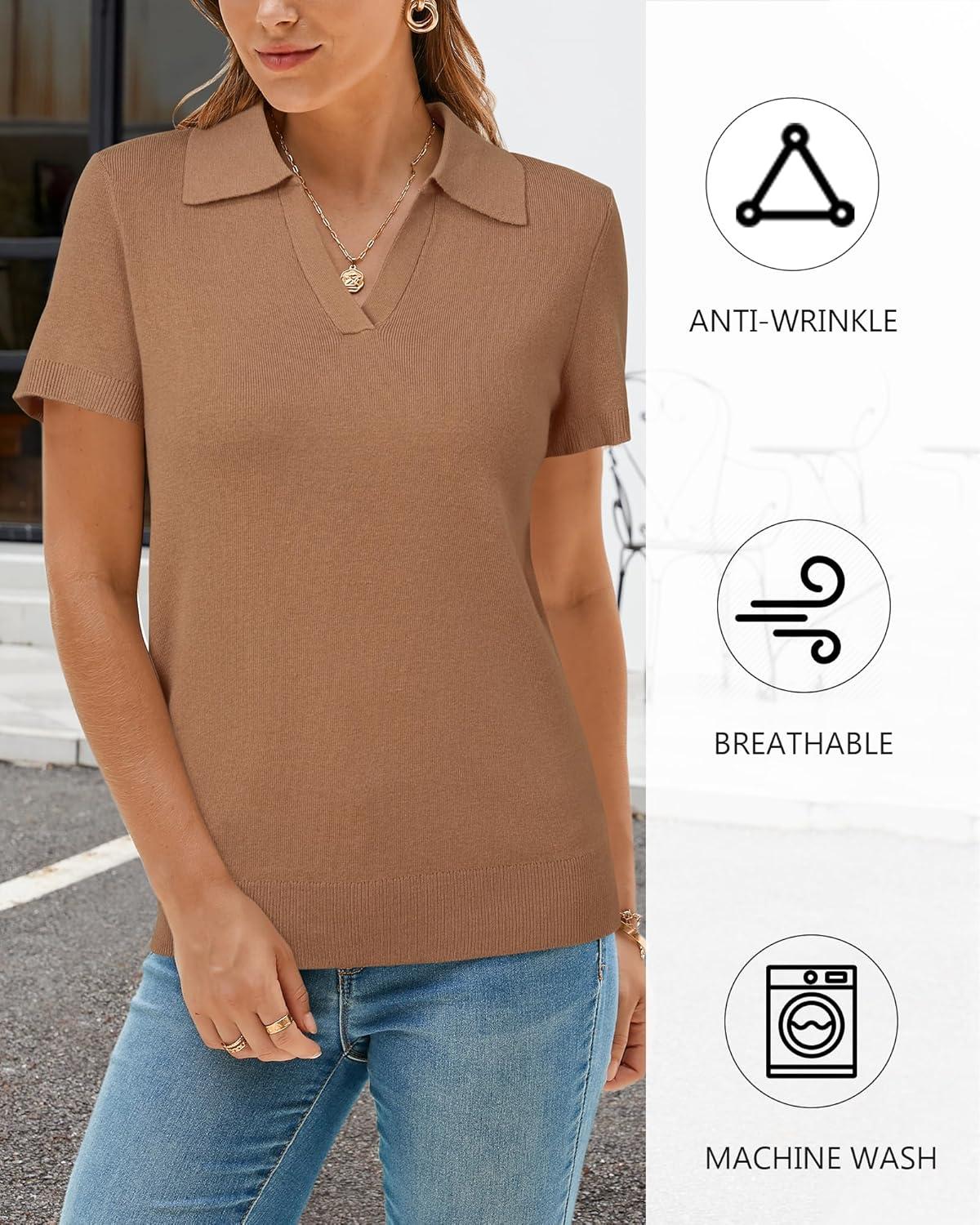 image:imageArachampCloz Womens Wool Blend Knit Spring Summer Business Casual Lightweight Short Sleeve Sweater Pullover 2026Mocha Mousse