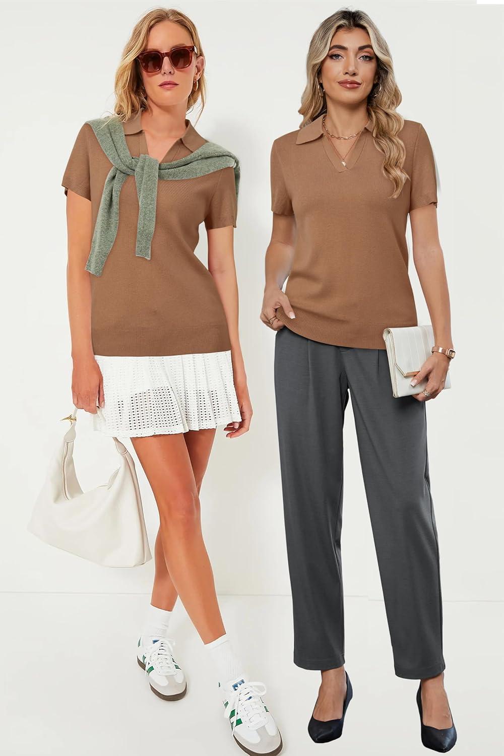 image:imageArachampCloz Womens Wool Blend Knit Spring Summer Business Casual Lightweight Short Sleeve Sweater Pullover 2026Mocha Mousse