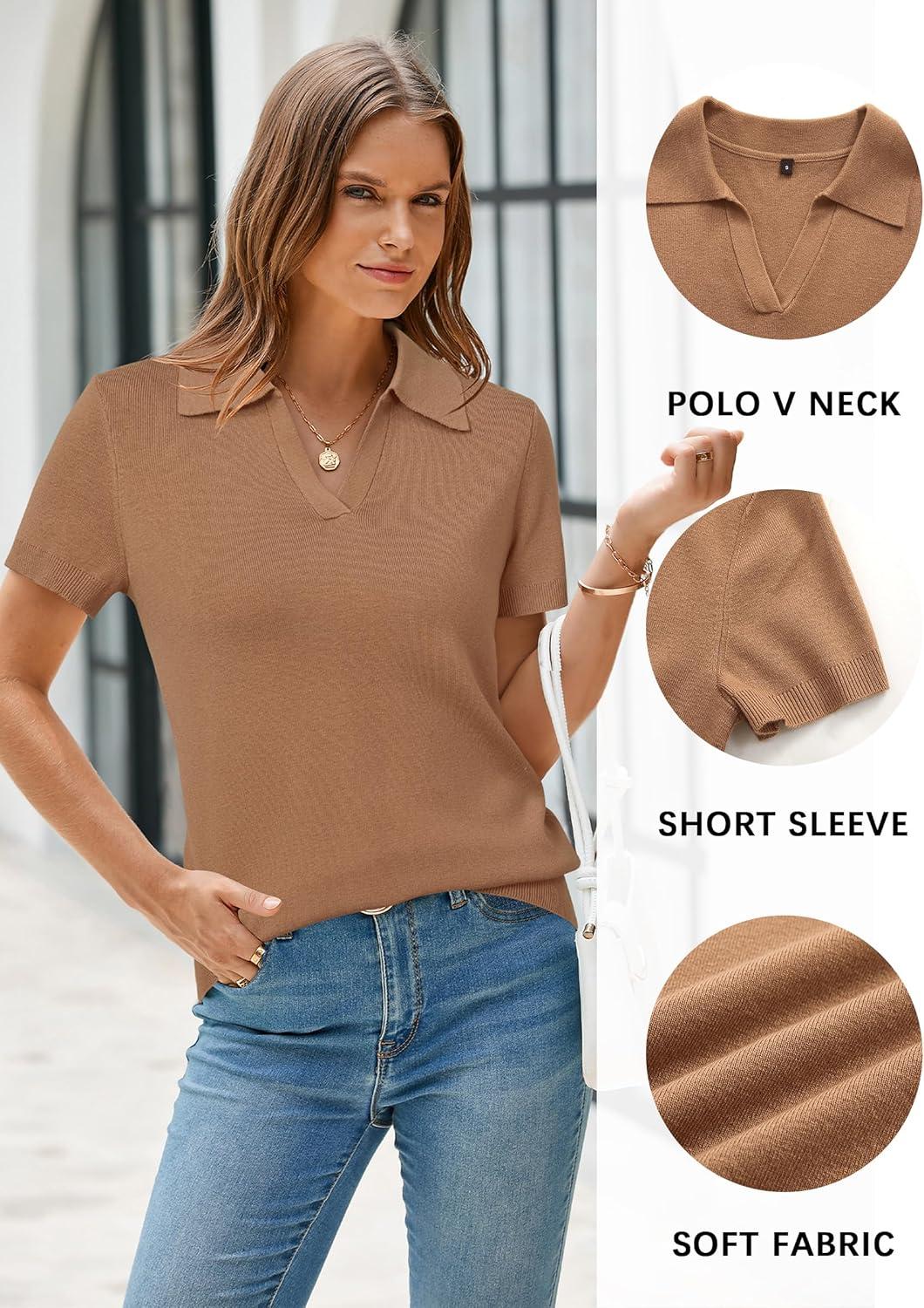 image:imageArachampCloz Womens Wool Blend Knit Spring Summer Business Casual Lightweight Short Sleeve Sweater Pullover 2026Mocha Mousse