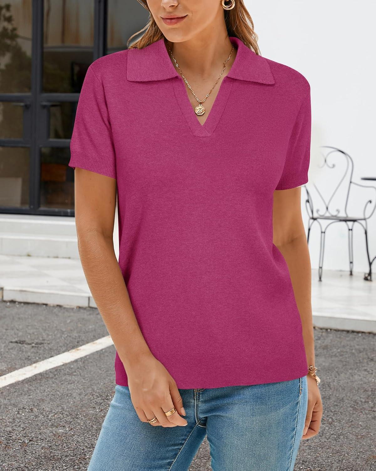 image:imageArachampCloz Womens Wool Blend Knit Spring Summer Business Casual Lightweight Short Sleeve Sweater Pullover 2026Rose Red